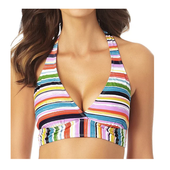 Anne Cole PAINTED SKY MULTI STRIPE Rainbow Halter Bikini Swim Top | Sz M, NWT - Picture 1 of 3